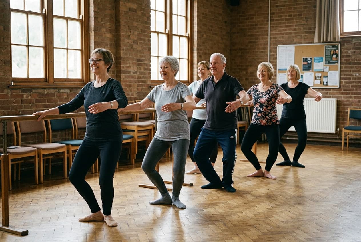 Adult ballet students working at the barre