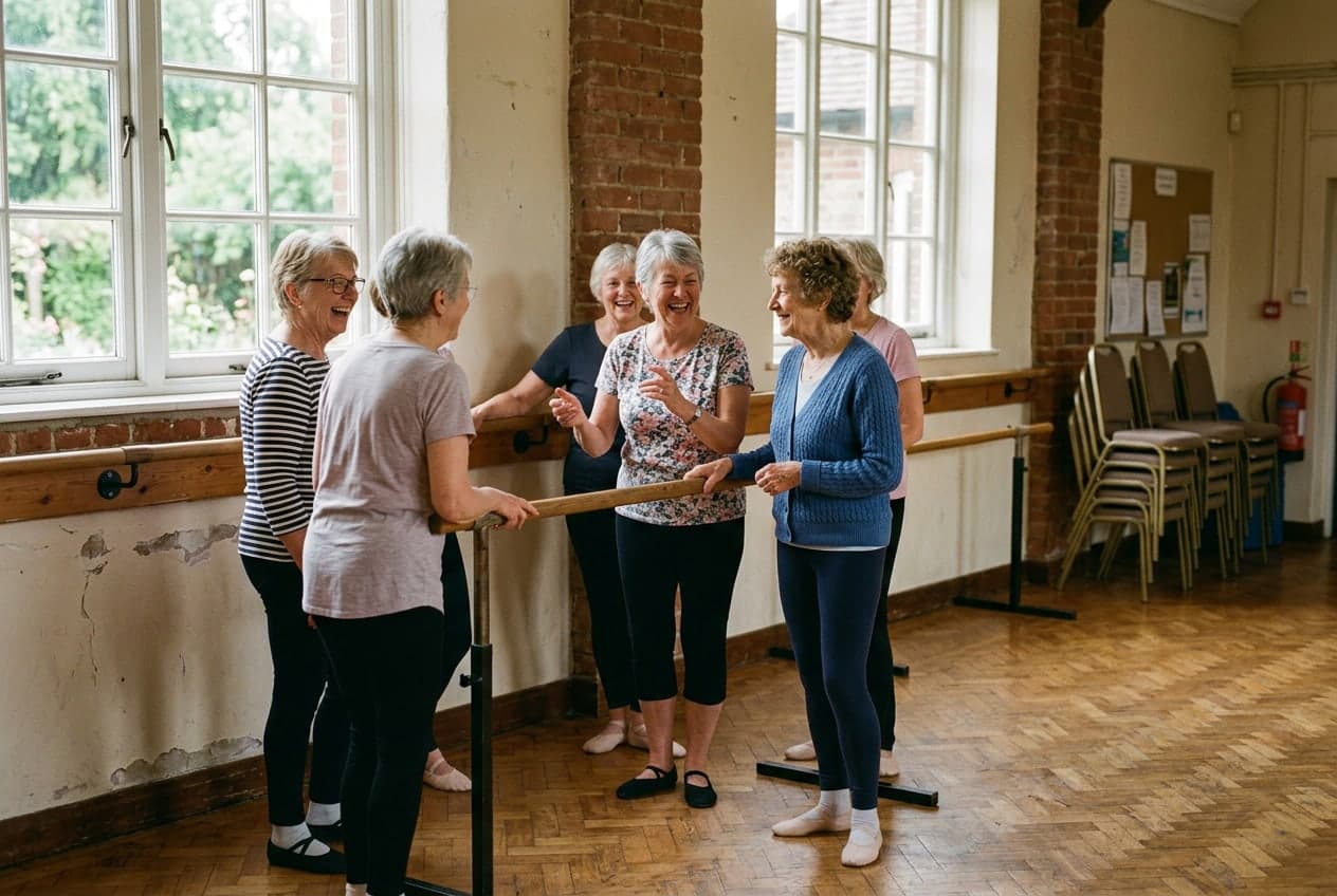 A Silver Swans group smiling together at the barre