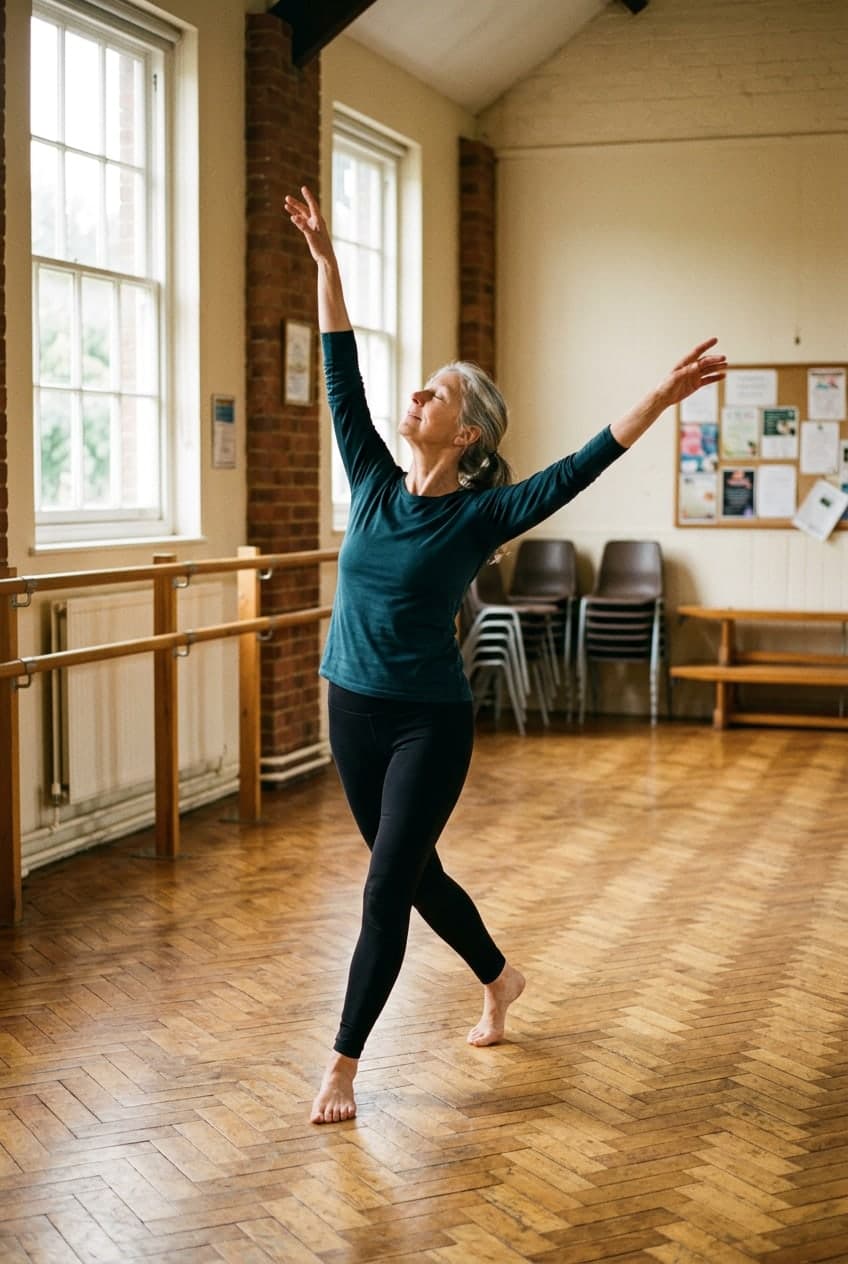 A dancer reaching toward the light in a sunlit hall