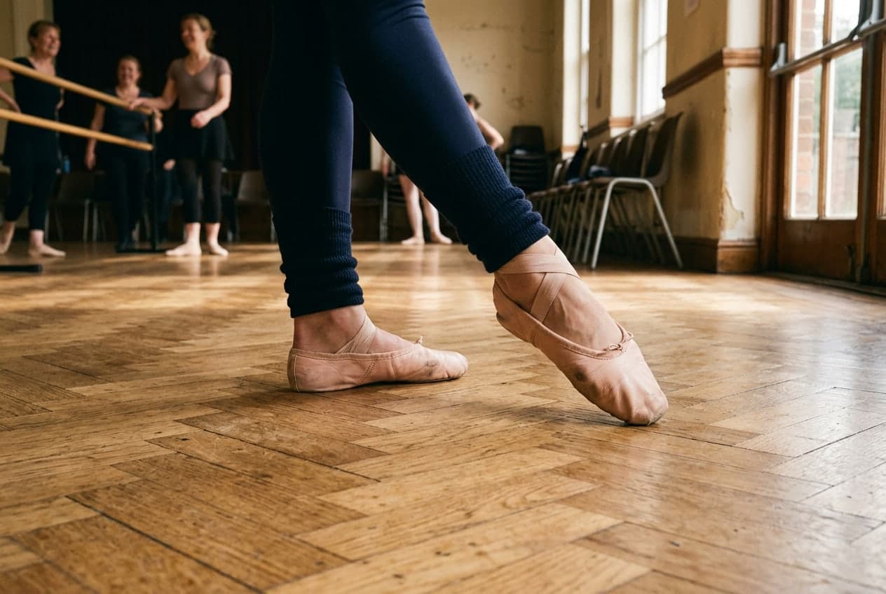 Pointed feet in soft ballet shoes on a parquet floor
