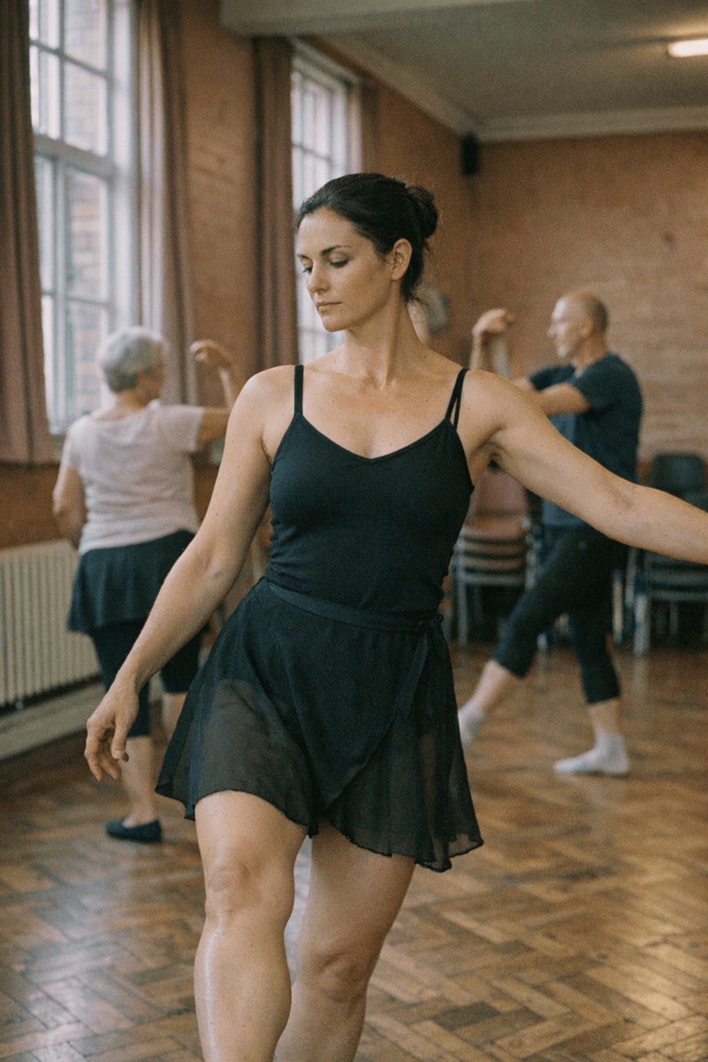 A dancer mid-movement in warm studio light