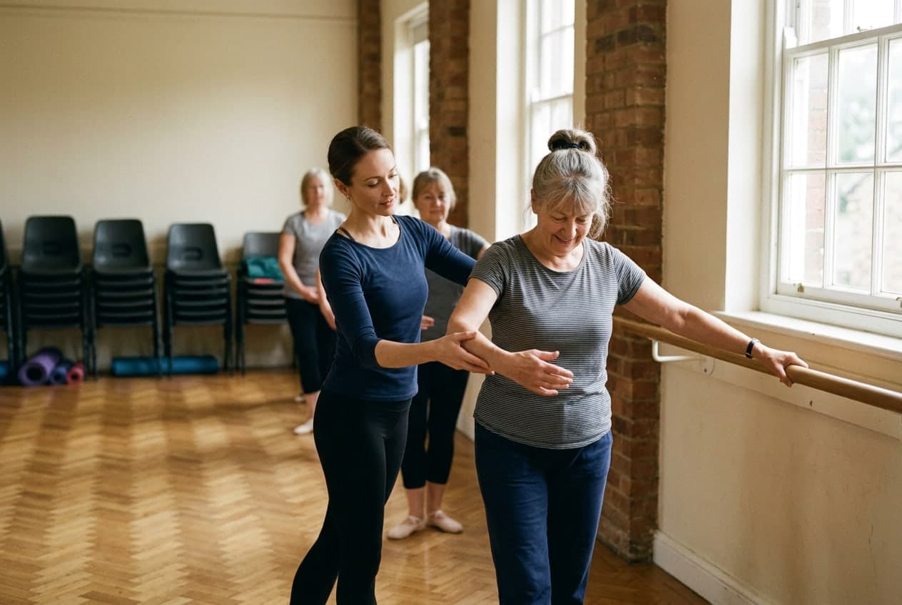 Anna gently guiding a student's arm at the barre