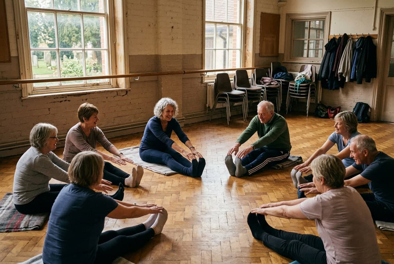 A class warming up together in a seated circle